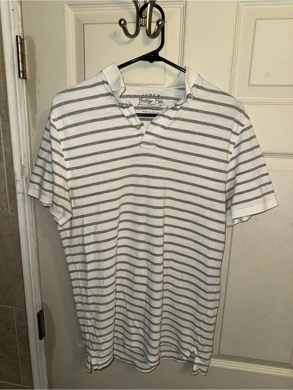 J. Crew White and Gray Striped Short-Sleeve Polo